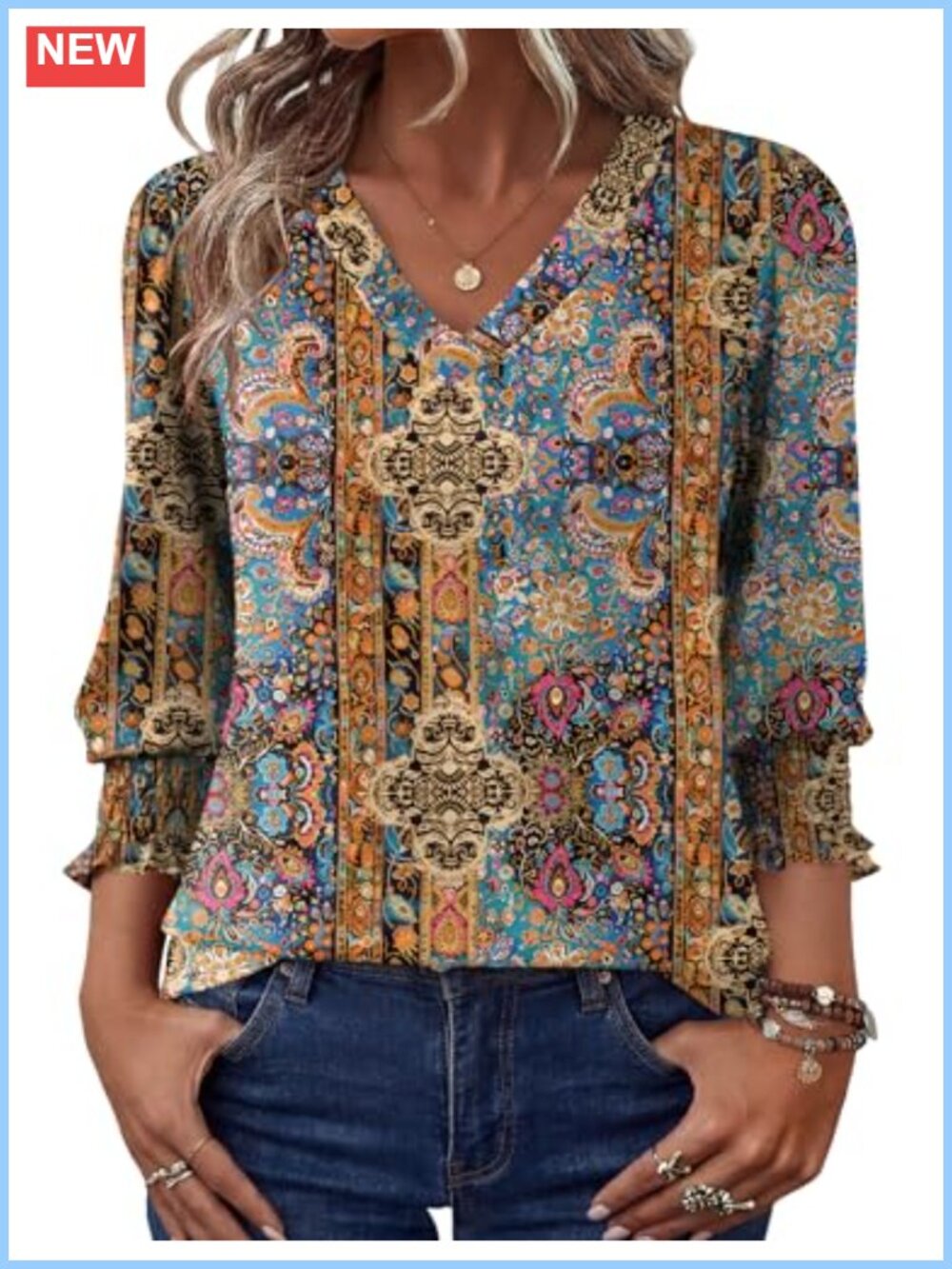 Rapbin Womens Tunic Top 3/4 Sleeve V-Neck Puff Sleeve Loose Fit Blouse